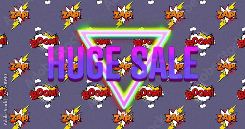 Neon "Huge Sale" sign with "Boom!" and "Zap!" on retro bubbles, superhero theme.