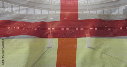 Image of sports stadium over flag of england