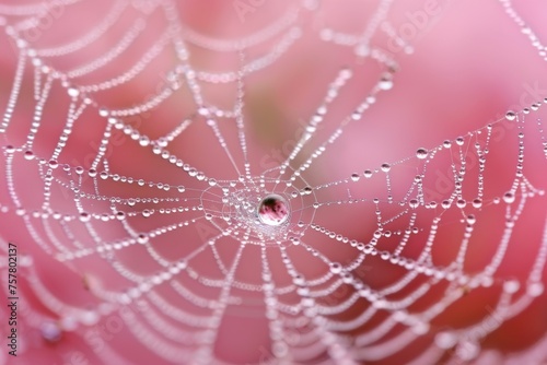 Dew-Kissed Spider Web on Pink Background 