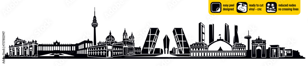 Madrid Spain Skyline Spanish Landmarks Vector Ready Vinyl Cutting Vinly Ready Wall decal Silhouette Black And White