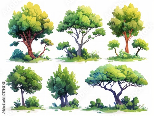 Contemporary Illustrations of Eucalyptus Trees on White Background Generative AI