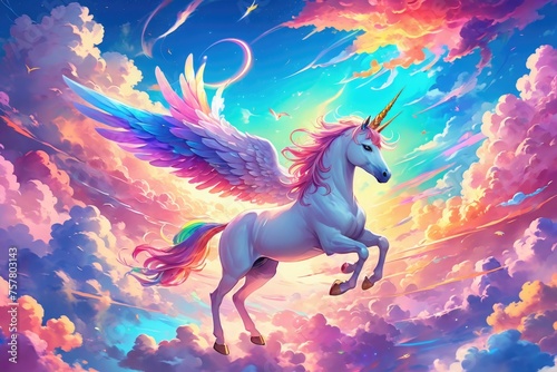 Unicorn flying on colorful clouds, beautiful fantasy white horse, magical background © franxxlin_studio