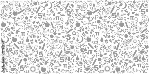 Education and Science. Flat design scientific icons. Seamless pattern of formulas and pictures concerning to Science. World Science Day for Peace and Development. November 10.  Vector Illustration