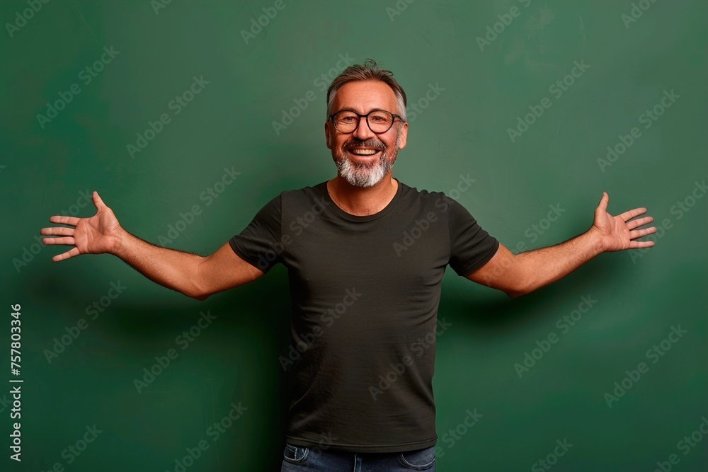 A man with glasses is smiling and holding his arms out to the side