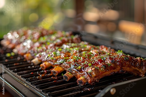 a bbq grill with meat grilling photo