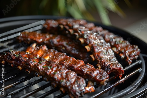 a bbq grill with meat grilling photo