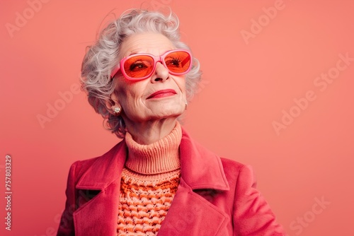 A woman in a pink sweater and sunglasses is smiling