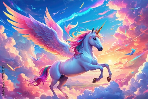 Unicorn flying on colorful clouds, beautiful fantasy white horse, magical background