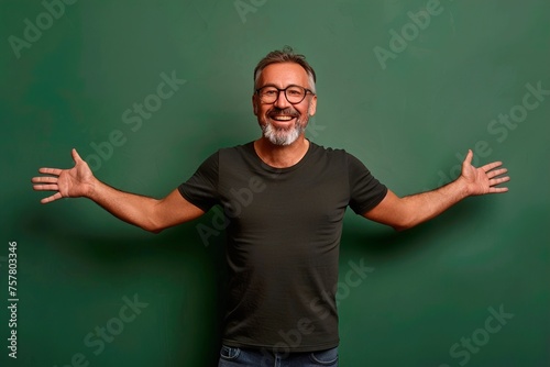 A man with glasses is smiling and holding his arms out to the side © Juan Hernandez