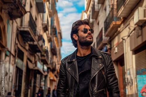 A man wearing a black leather jacket