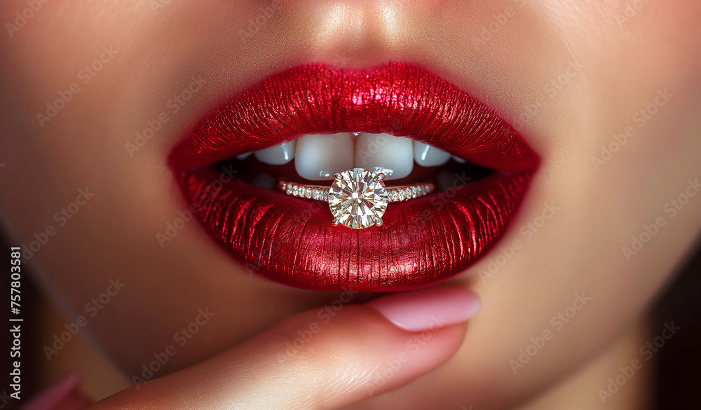 Fototapeta premium gold jeweled diamond ring in woman lips painted red lipstick closeup. Selfish mercantile girl escort