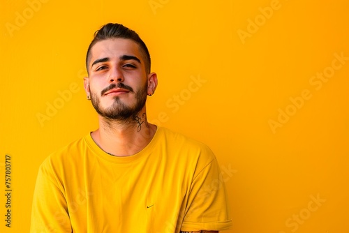 A man in a yellow shirt is standing in front of a yellow wall © Juan Hernandez
