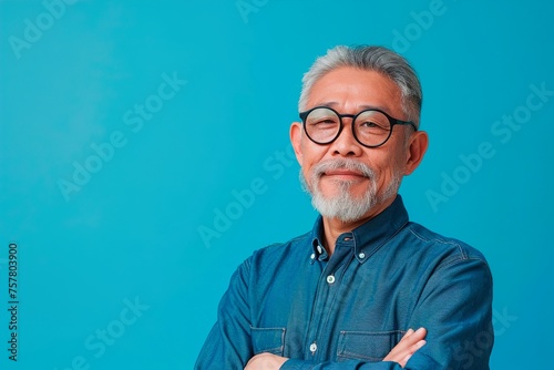 A man with glasses and a beard is standing in front of a blue wall