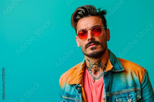 A man with a beard and tattoos is wearing a red shirt and blue jacket