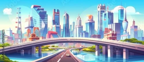 Modern city landscape with highway infrastructure and skyscrapers. Cartoon modern illustration of a viaduct bridge over the river leading to a modern city with multistorey buildings.