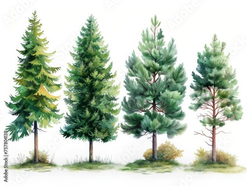 Scots Pine: Modern Illustrations of Trees on White Background Generative AI photo