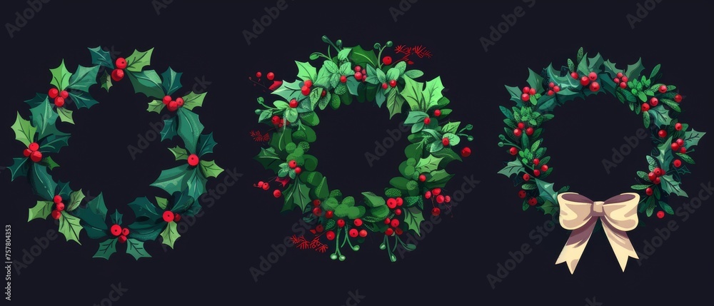 An elegant Christmas tree wreath design made of green plant twigs with leaves, red berries, and ribbon bows. Cartoon modern illustration of a circle festive garland made of leaves, red berries, and
