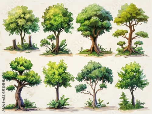 Collection of Stylized Tamarind Tree Illustrations Generative AI