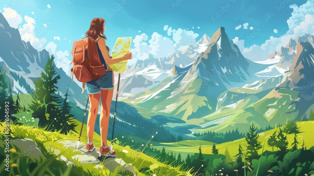 Modern cartoon illustration of a young woman hiking in a mountain valley. Beautiful green landscape, blue sky, summer vacation, outdoor recreation activity. - obrazy, fototapety, plakaty 