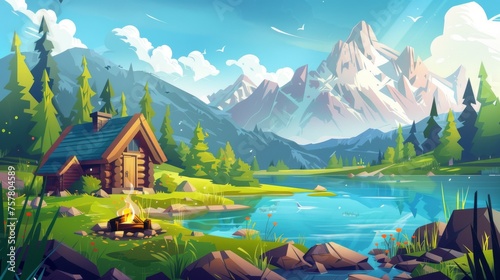Landscape of rocky mountains and lake with wooden hut and campfire. Cartoon modern illustration of wood cottage near water pond for camping and outdoor recreation. photo
