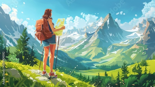 Modern cartoon illustration of a young woman hiking in a mountain valley. Beautiful green landscape, blue sky, summer vacation, outdoor recreation activity.