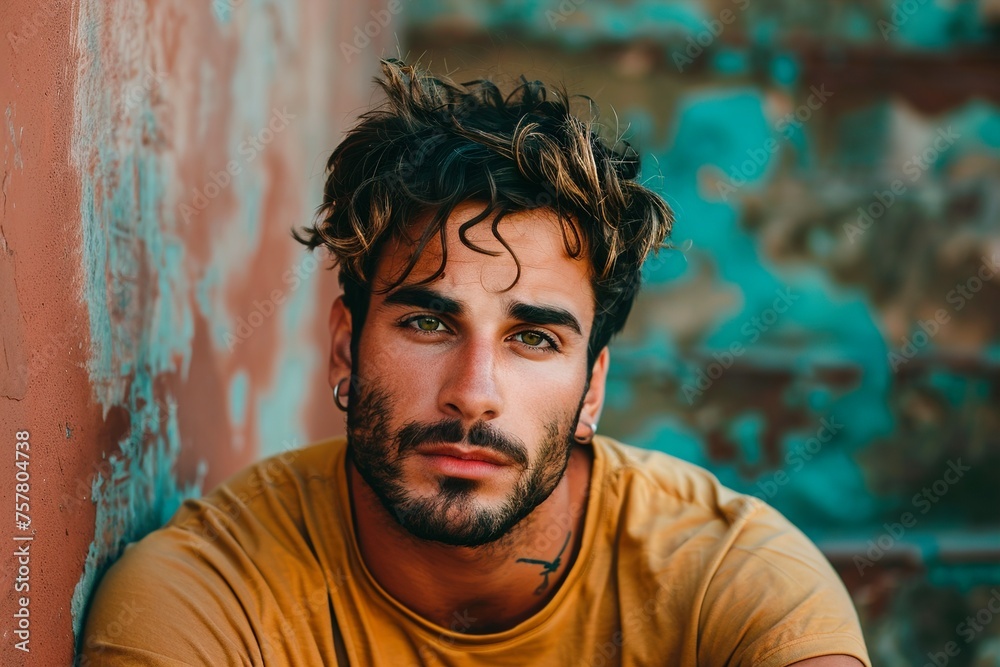 A man with a beard and green eyes is wearing a yellow shirt A man with a beard and green eyes is wearing a yellow shirt