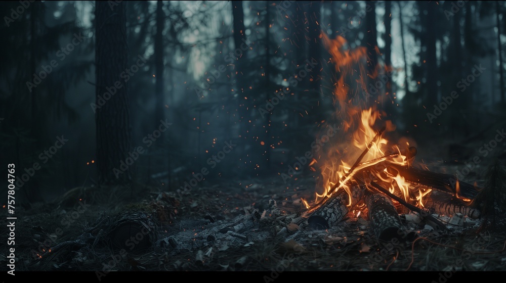 Naklejka premium Campfire in a dark forest setting at dusk. The fire is central, with sparks rising amidst the trees, creating a cozy atmosphere.