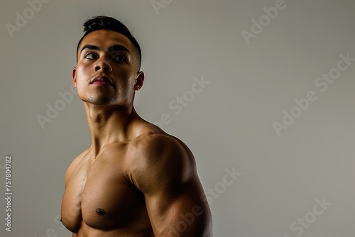 A man with a muscular chest stands in front of a white wall