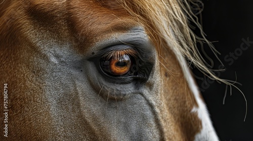 Beautiful artwork  subdued horse image With copy space and a black background  the Andalusian p.r.e. horse is seen peering over its shoulder with a speaking eye.
