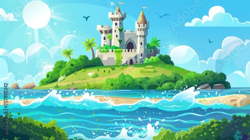 Illustration of an ancient medieval palace with tall towers on a green island with bushes and grass washed by sea waves and birds flying through the blue skies in this modern cartoon illustration.
