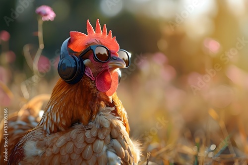 Cartoon Rooster Rocking Sunglasses and Headphones  Funky Chicken Sporting Sunglasses and Headphones  Sunglasses and Headphone-Clad Rooster Strutting His Stuff  Cool Cartoon Rooster with Sunglasses