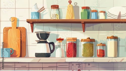 Modern illustration of kitchenware on a shelf hanging on a tiled wall. The cartoon illustration shows cooking equipment, a coffee maker, a wooden cutting board, salt and pepper jars, a towel, and a