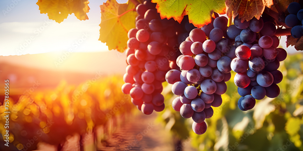 Ripe grapes in vineyard at sunset red grapes on vineyards in autumn harvest
 - obrazy, fototapety, plakaty 