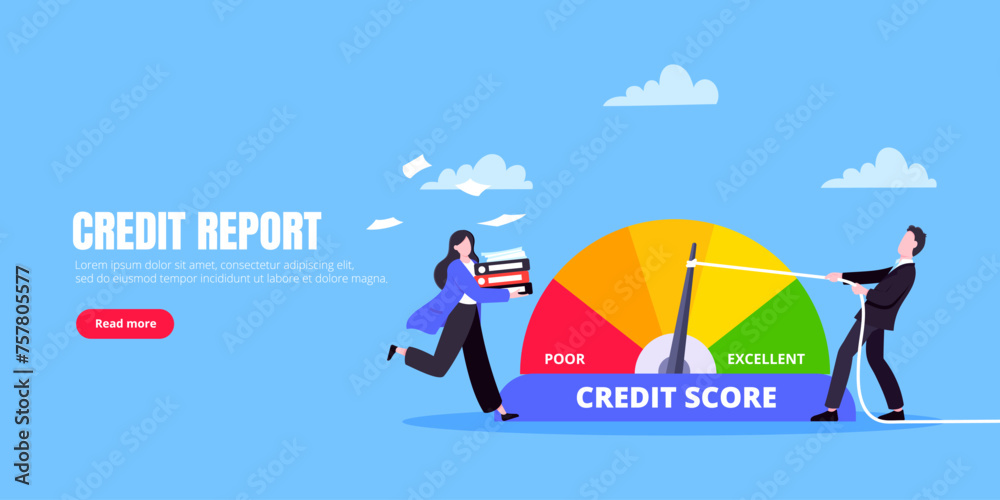 Man and woman push credit score arrow gauge speedometer indicator with color levels. Measurement from poor to excellent rating for credit or mortgage loans concept flat style vector illustration.