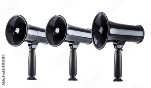 Set of Modern Black Electric Megaphones, Front View on a White Background