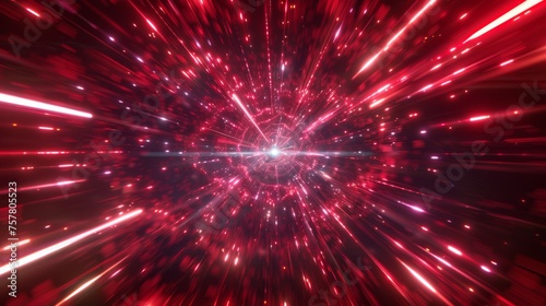 In hyperspace, a circular perspective tunnel gets emitted by a high speed warp of red light with a radial burst. Realistic modern illustration of space travel pattern with neon glowing effect. photo