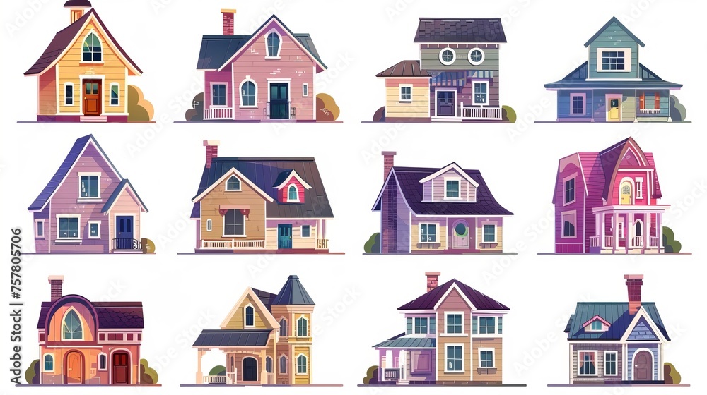 Isolated suburban houses on white background. Cartoon illustration of traditional American town houses with windows, doors, porches, chimneys, wooden facades, and street design elements.