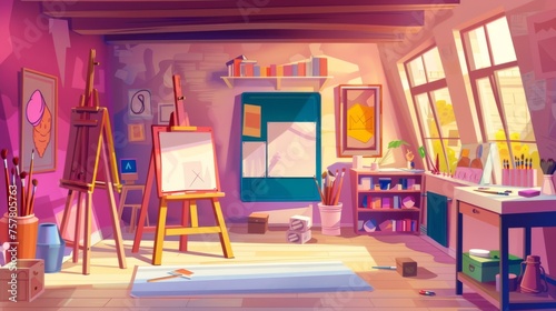 Inventive academy room with easel and tripod stand, plaster models and brushes in an art studio workshop interior. Cartoon modern illustration. © Mark