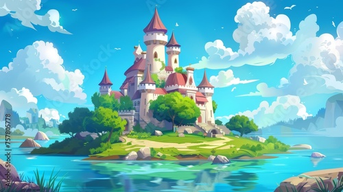 In a fairy tale, a royal castle on a meadow is surrounded by water on a meadow island in the sea or lake. A cartoon modern summer landscape shows an ancient magic palace surrounded by water. A king's