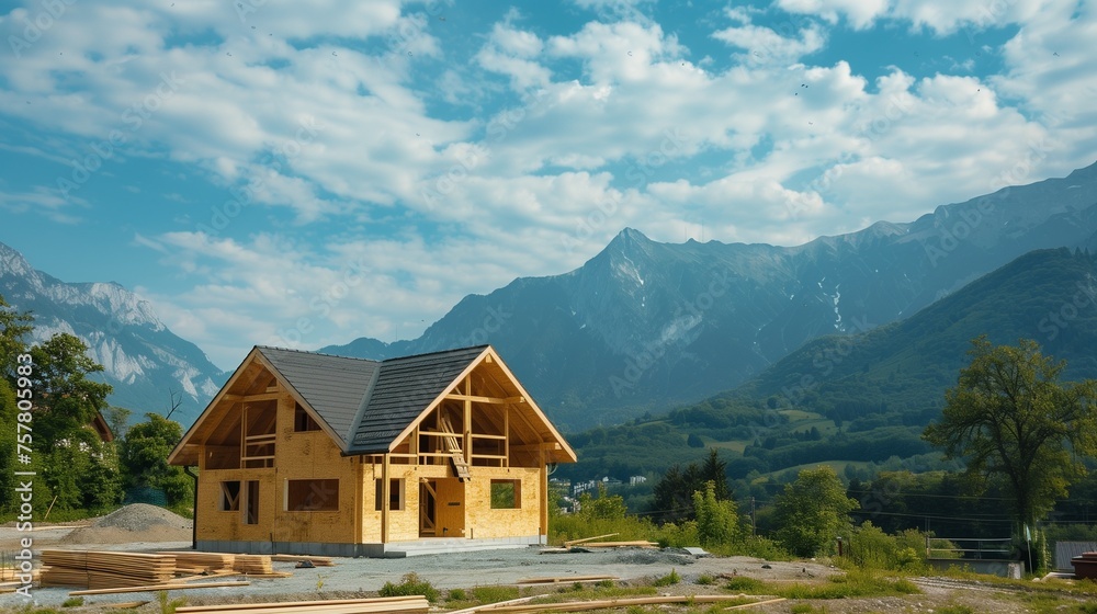 A wooden frame house under construction in a picturesque setting with towering mountains in the background. The concept captures the early stages of residential development in a scenic landscape.