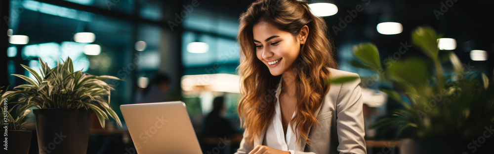 Professional young businesswoman working on laptop in modern office space, smiling as she focuses on her work with a coffee cup and indoor plants nearby