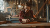 A young female carpenter is sanding a piece of wood in a well-equipped workshop. She is focused on her work, wearing protective eyewear and a plaid shirt with overalls.