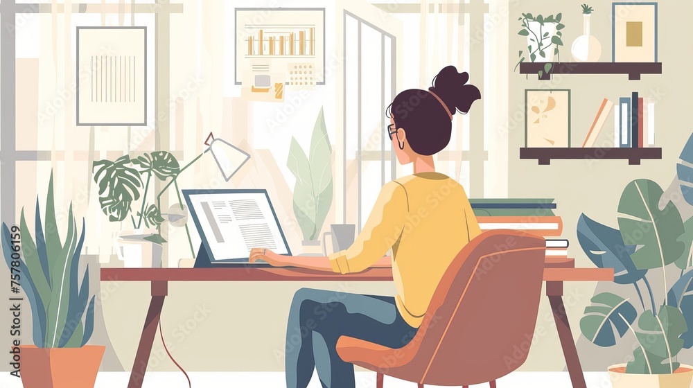 A young woman working from home using a laptop is teleworking. Young Woman Succeeds in Office Remote Work