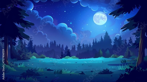 An illustration of a cartoon night landscape with grass on a field and a starry sky with clouds at midnight. Natural background with forest trees, pines and grass on a field.