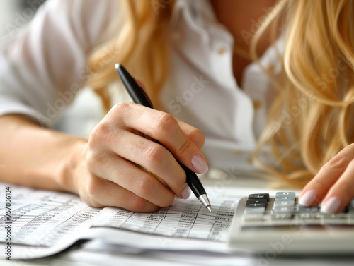 Concentrated woman working on finances, using calculator and analyzing printed spreadsheets at her desk.
