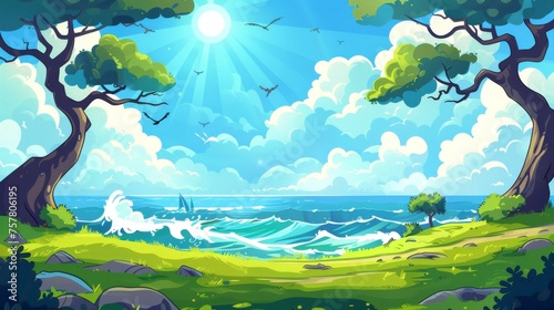 An illustration of a summer park on a sea coast showing stormy waves on water  a green lawn under old trees  a bright sun  fluffy clouds and birds flying across a blue sky.