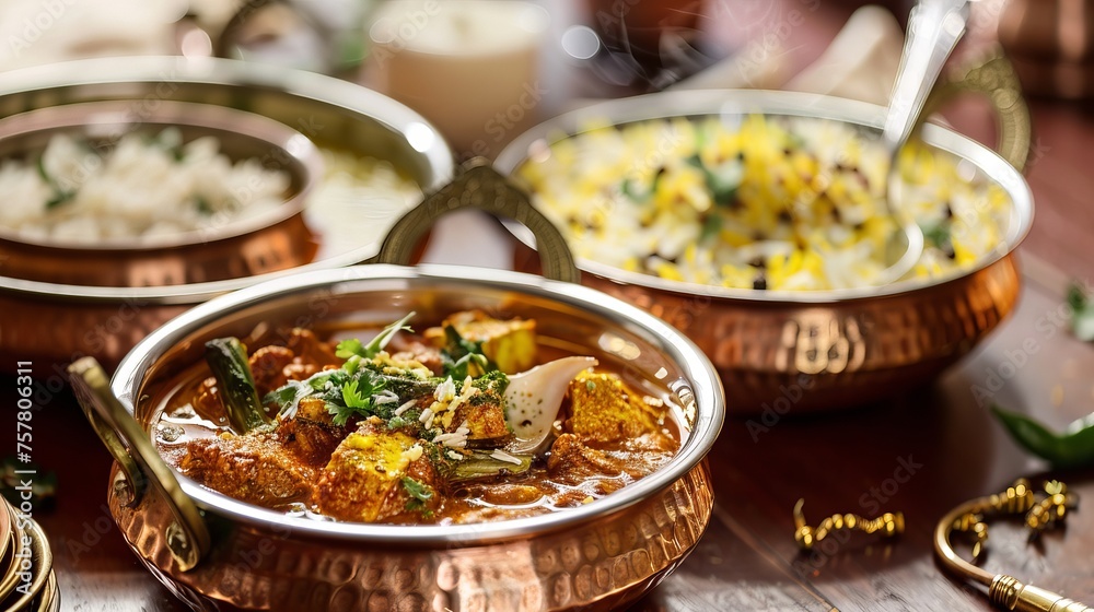 Indian cuisine served in a brass bowl Indian cuisine served in a brass bowl