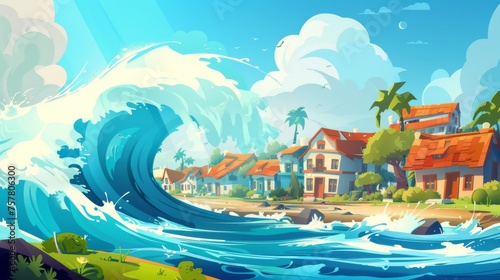 The disaster concept of a tsunami is depicted with a giant wave covering land, roads, and houses. Cartoon modern illustration of a natural calamity occurring on a sea or ocean beach that has caused