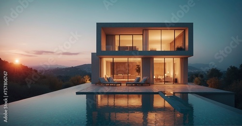 Evening serenity Exterior view of a cubic villa with a swimming pool at sunset, radiating modern minimalist charm