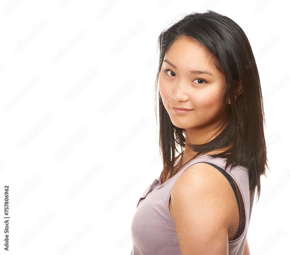 Happy, asian woman and portrait with natural beauty or haircare on a white studio background. Face of attractive female person or young model with smile in fashion or casual clothing on mockup space Happy, asian woman and portrait with natural beauty or haircare on a white studio background. Face of attractive female person or young model with smile in fashion or casual clothing on mockup space